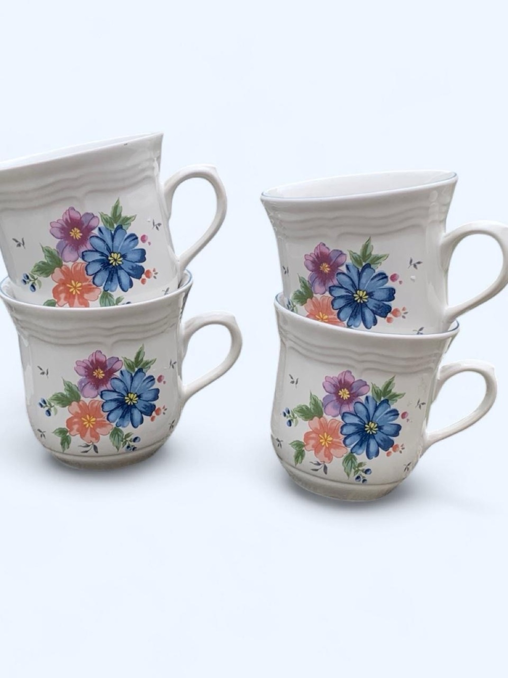 Floral Ceramic Tea Cups – White with Blue & Pink Flowers (Set of 4)